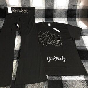 VS PINK FLARE COTTON LEGGINGS OUTFIT & PURE BLACK BLING & CAMPUS TEE SIZE XS-XXL